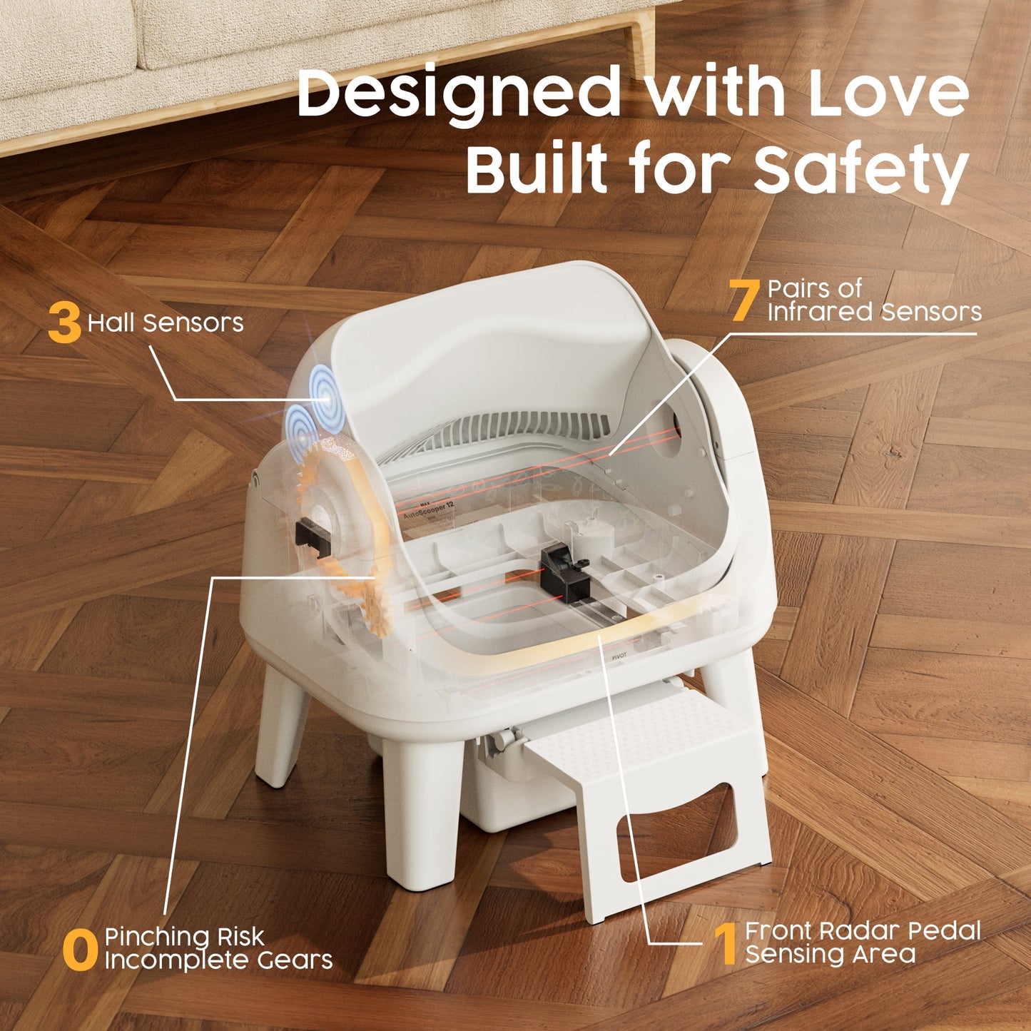 AS12 Automatic Cat Litter Box Self-Cleaning with Safety Protection, Liners, Front Entry Step Included, White
