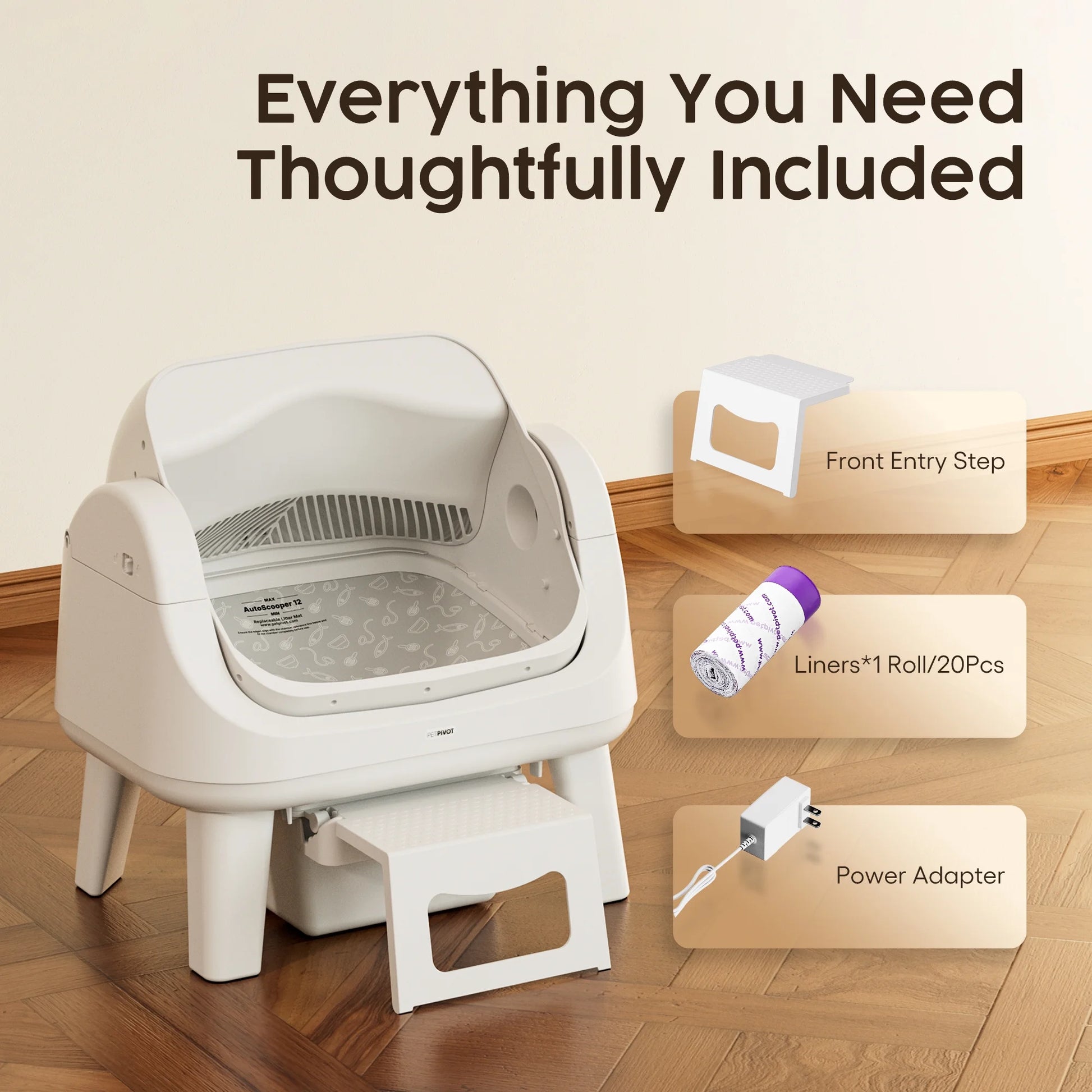 AS12 Automatic Cat Litter Box Self-Cleaning with Safety Protection, Liners, Front Entry Step Included, White