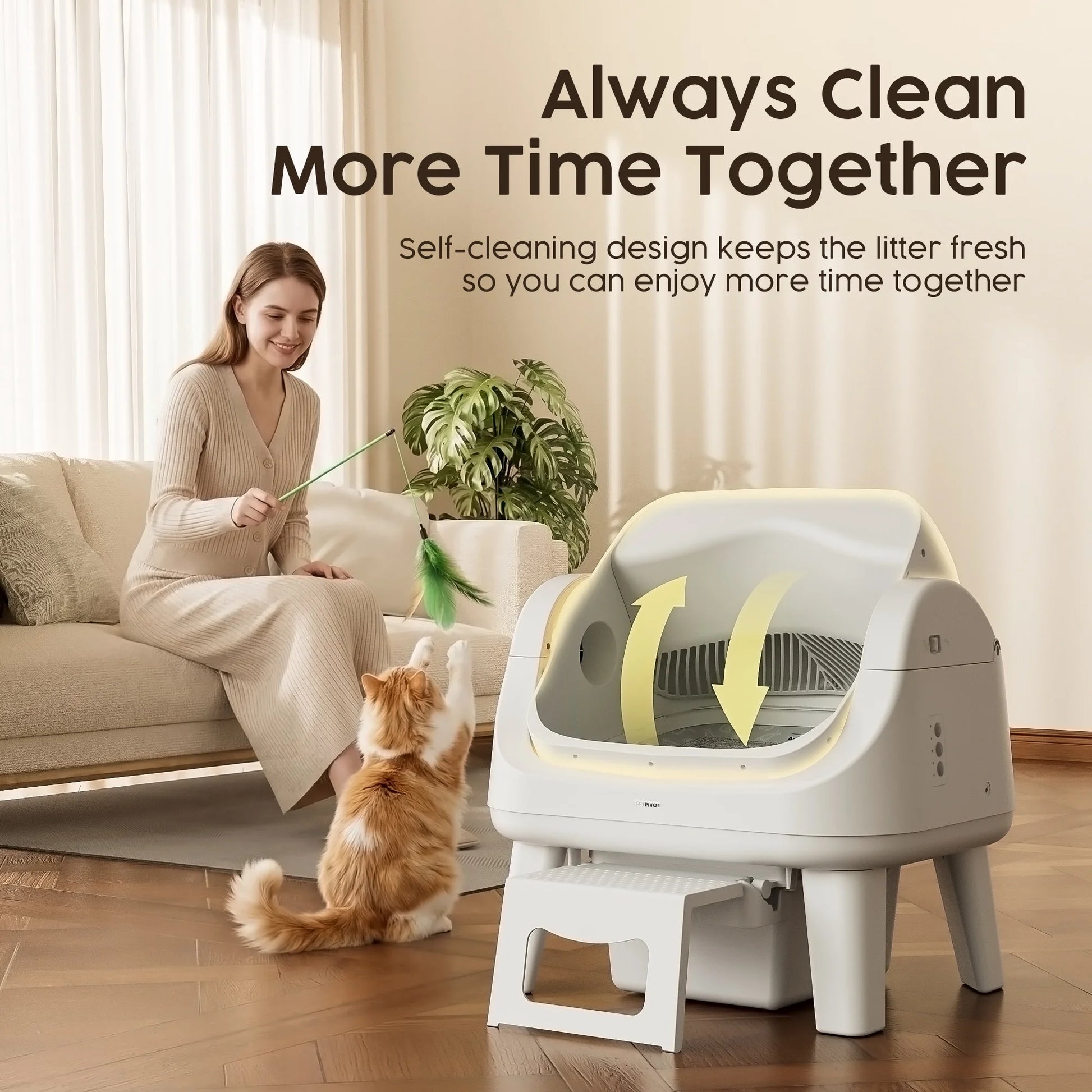AS12 Automatic Cat Litter Box Self-Cleaning with Safety Protection, Liners, Front Entry Step Included, White
