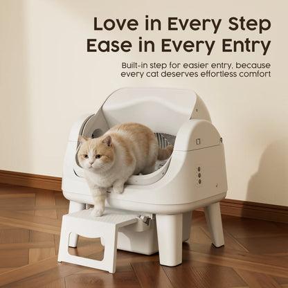 AS12 Automatic Cat Litter Box Self-Cleaning with Safety Protection, Liners, Front Entry Step Included, White