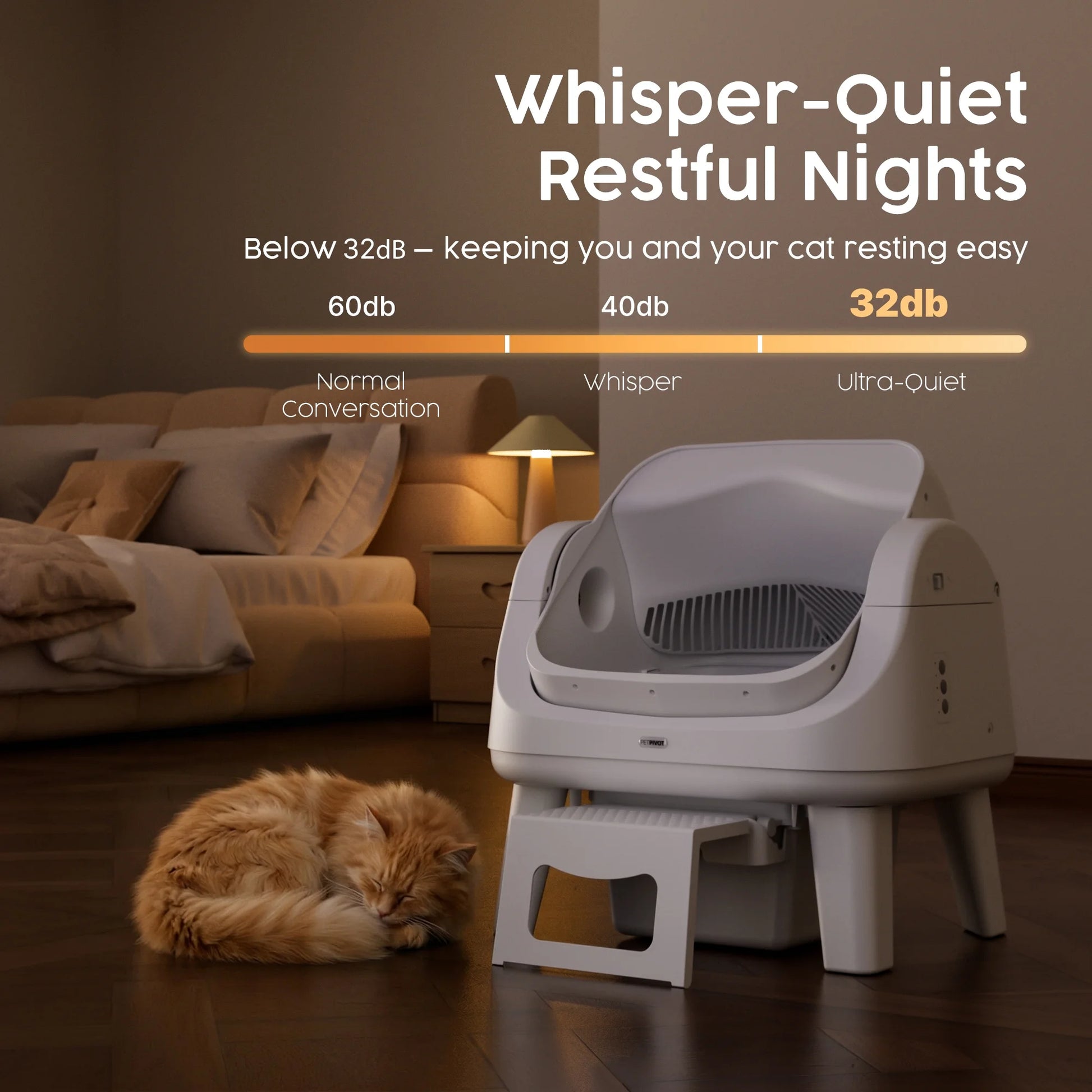 An automatic, ultra-quiet smart cat litter box in a dimly lit bedroom, with a fluffy orange cat sleeping peacefully next to it.